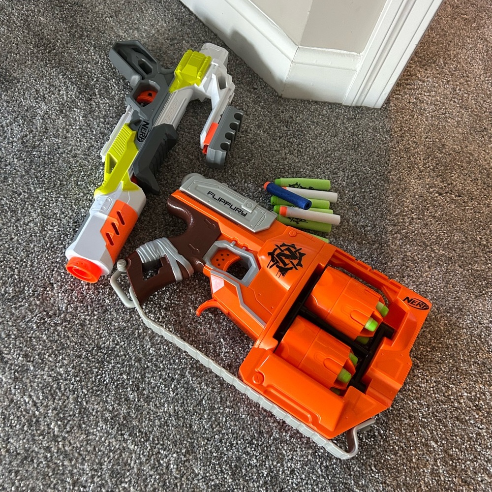 2 Nerf Blaster Set - Orange, Green, and Gray